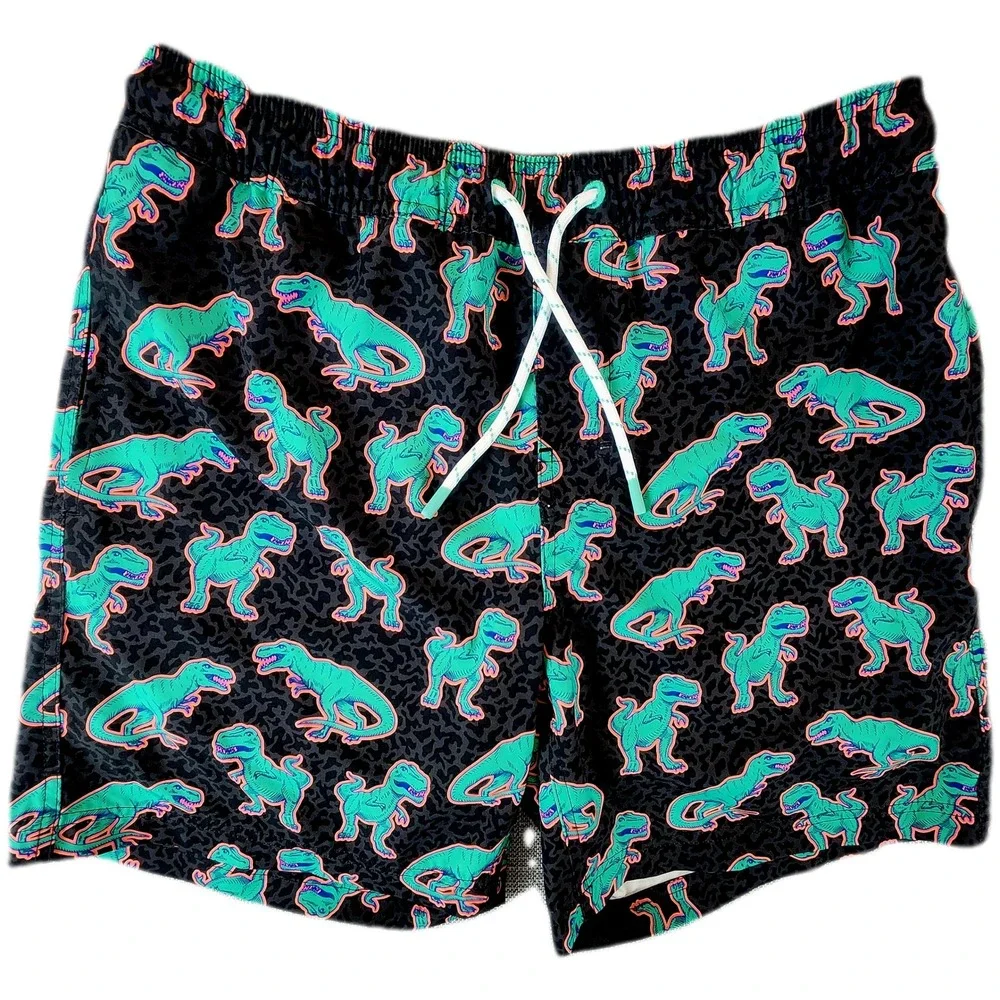 Member's Mark Mens M Resort Swim Trunk Black Green Dinosaur Print Board Shorts